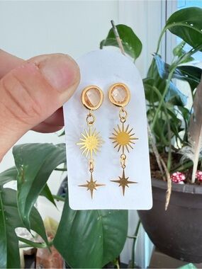Gold Sun & Star Drop Earrings Crystal dangle earrings witchy boho style jewelry
